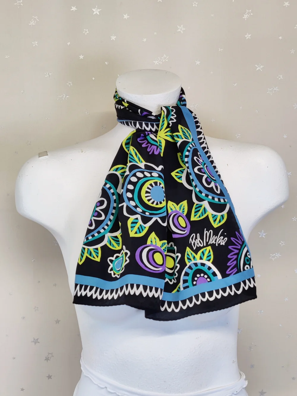Vintage Bob Mackie Wearable Art 100% Silk Floral Scarf Black 10x36 Black Green